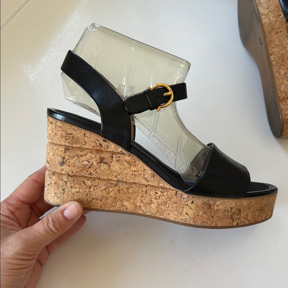Salvatore Ferragamo Black Leather Cork Wedge Platform Sz 6 Sandals Made in Italy - Picture 7 of 16